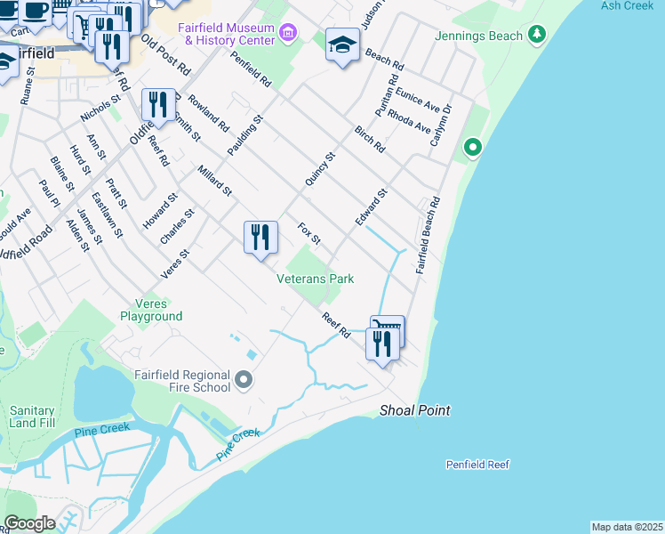map of restaurants, bars, coffee shops, grocery stores, and more near 467 Edward Street in Fairfield