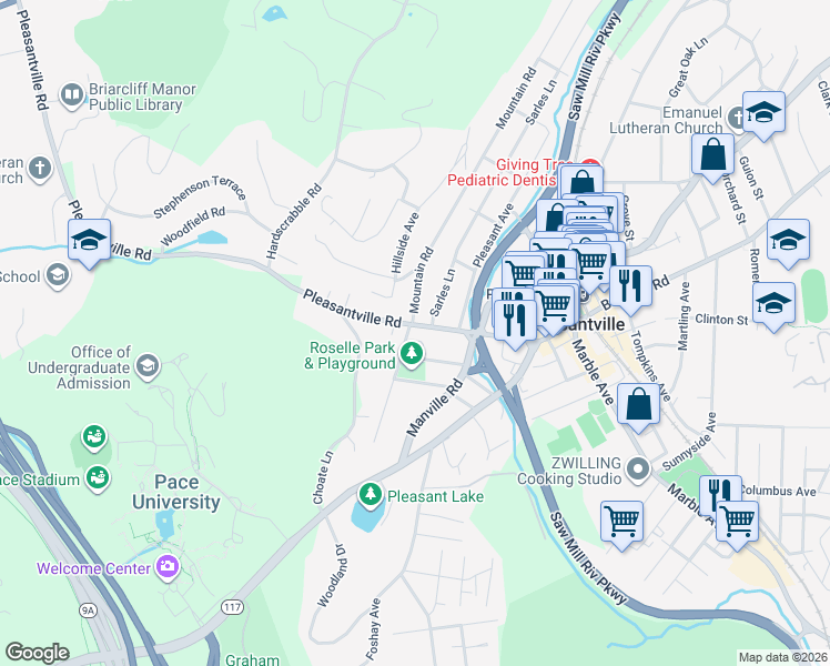 map of restaurants, bars, coffee shops, grocery stores, and more near 88 Pleasantville Road in Pleasantville