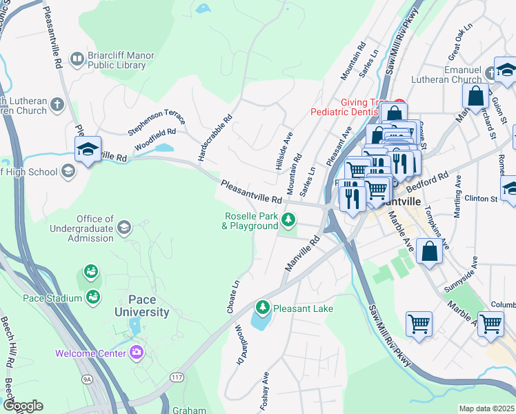 map of restaurants, bars, coffee shops, grocery stores, and more near 110 Pleasantville Road in Pleasantville