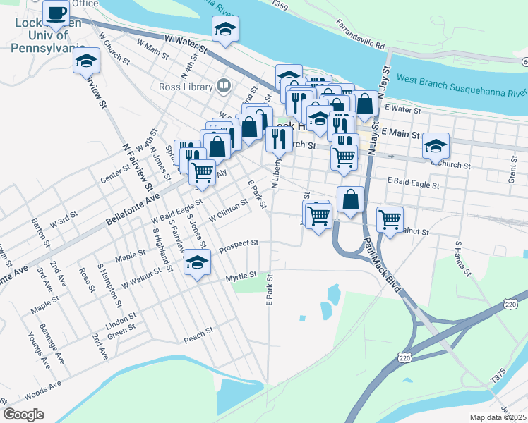 map of restaurants, bars, coffee shops, grocery stores, and more near 223 East Park Street in Lock Haven