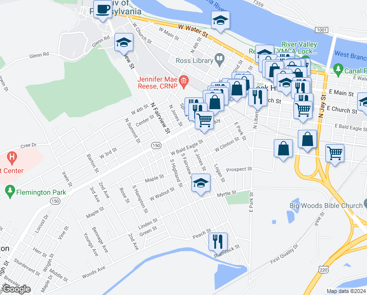 map of restaurants, bars, coffee shops, grocery stores, and more near 102 South Fairview Street in Lock Haven