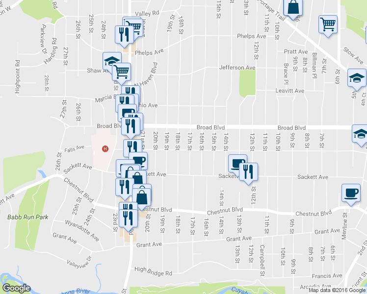 map of restaurants, bars, coffee shops, grocery stores, and more near 1723 Falls Avenue in Cuyahoga Falls