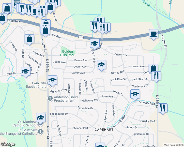 map of restaurants, bars, coffee shops, grocery stores, and more near 3103 Coffey Avenue in Bellevue