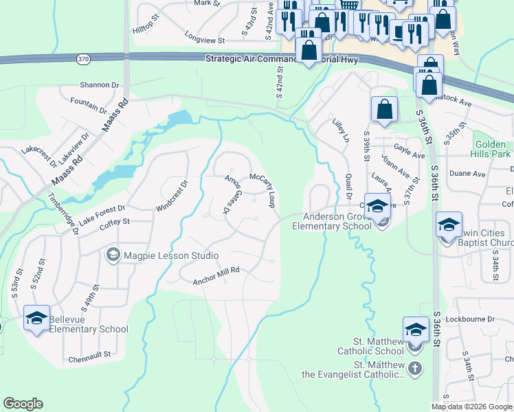 map of restaurants, bars, coffee shops, grocery stores, and more near 11761 McCarty Circle in Bellevue