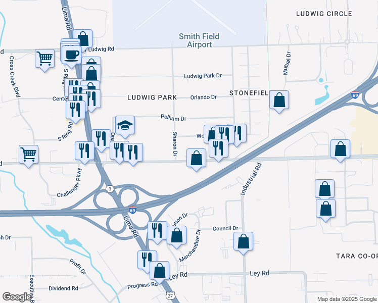 map of restaurants, bars, coffee shops, grocery stores, and more near 1010 West Washington Center Road in Fort Wayne