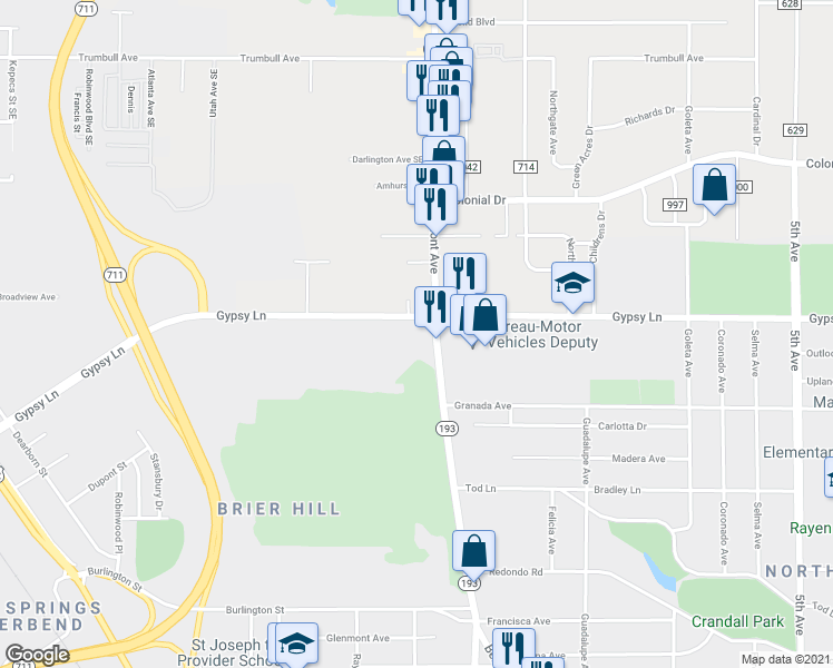 map of restaurants, bars, coffee shops, grocery stores, and more near 2560 Belmont Avenue in Youngstown