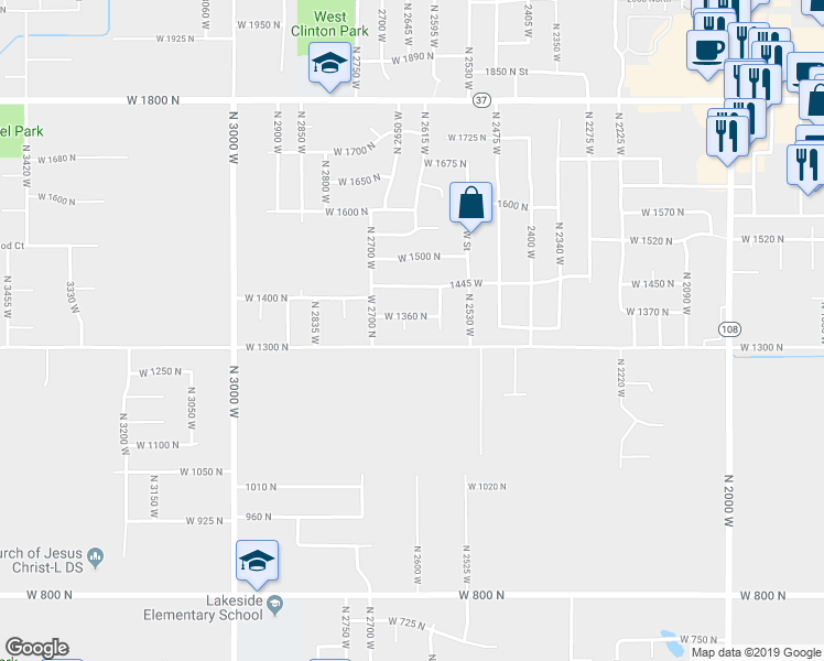 map of restaurants, bars, coffee shops, grocery stores, and more near 1328 North 2660 West in Clinton