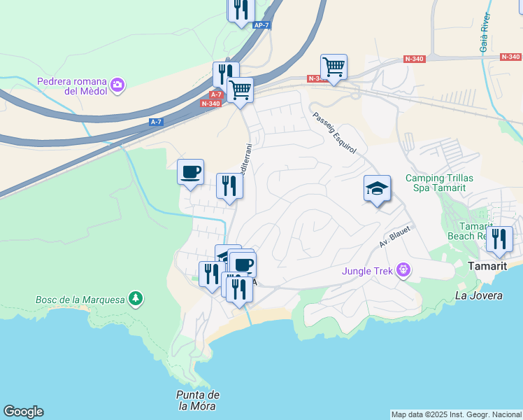 map of restaurants, bars, coffee shops, grocery stores, and more near 12 Carrer Alt Empordà in Tarragona