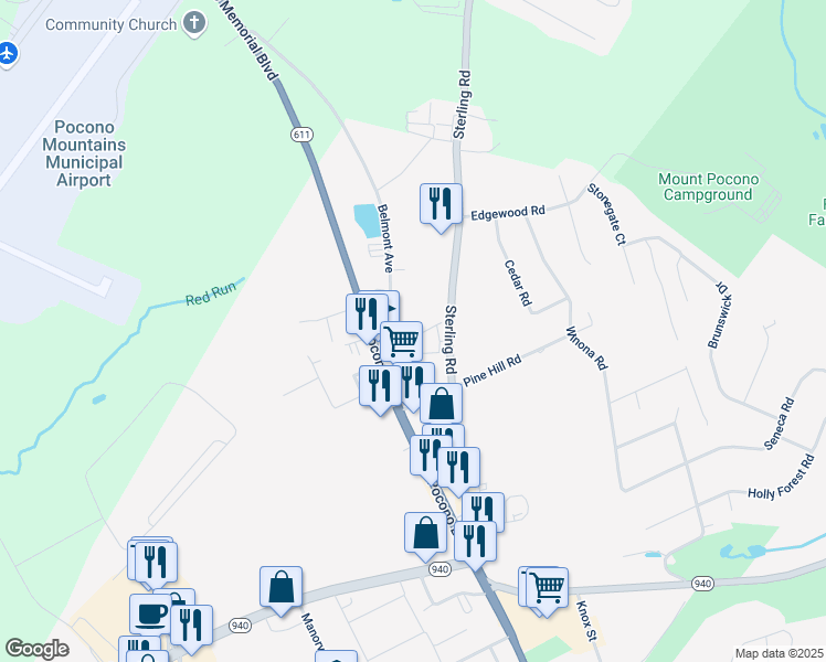 map of restaurants, bars, coffee shops, grocery stores, and more near 151 Snowshoe Court in Mount Pocono