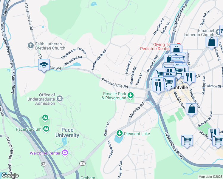 map of restaurants, bars, coffee shops, grocery stores, and more near 18 Choate Lane in Pleasantville