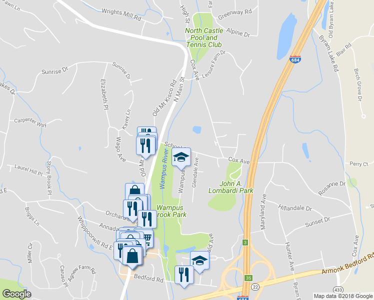 map of restaurants, bars, coffee shops, grocery stores, and more near 29 School Street in Armonk