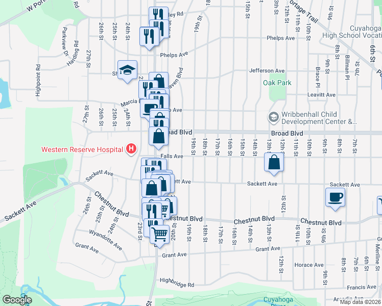 map of restaurants, bars, coffee shops, grocery stores, and more near 1910 19th Street in Cuyahoga Falls