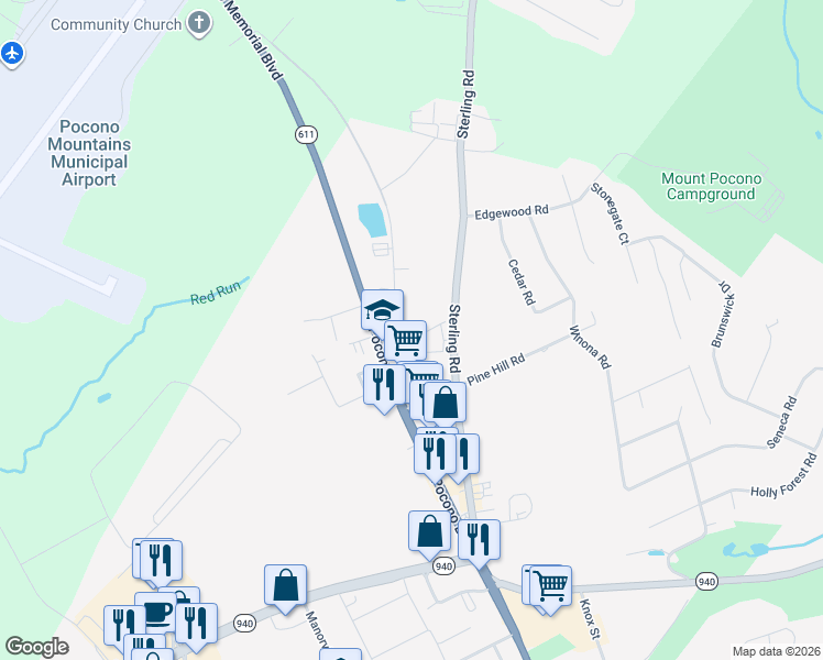 map of restaurants, bars, coffee shops, grocery stores, and more near 613 Pocono Boulevard in Mount Pocono