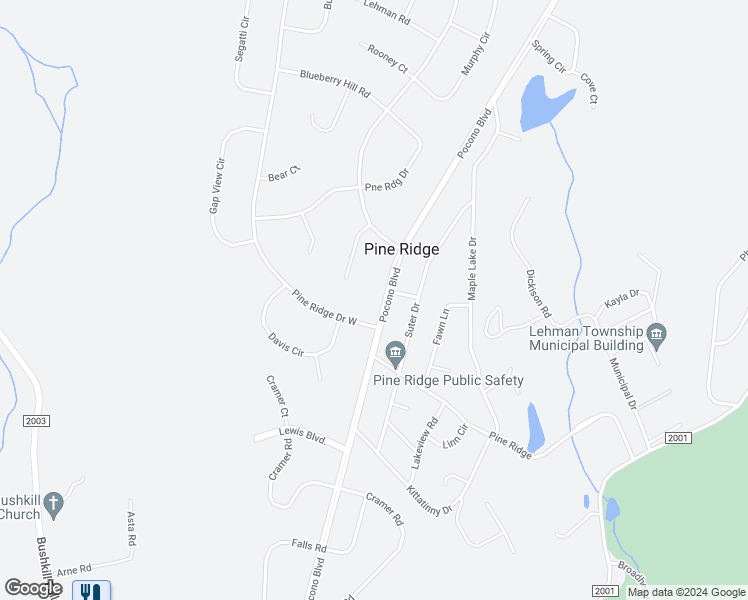 map of restaurants, bars, coffee shops, grocery stores, and more near 1783 Pine Ridge in Bushkill