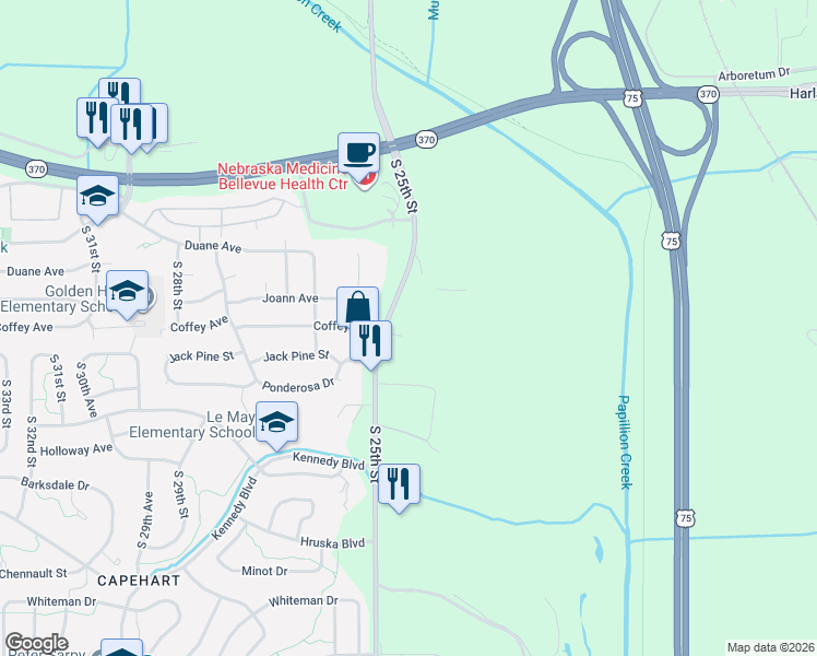 map of restaurants, bars, coffee shops, grocery stores, and more near 11837 South 25th Street in Bellevue