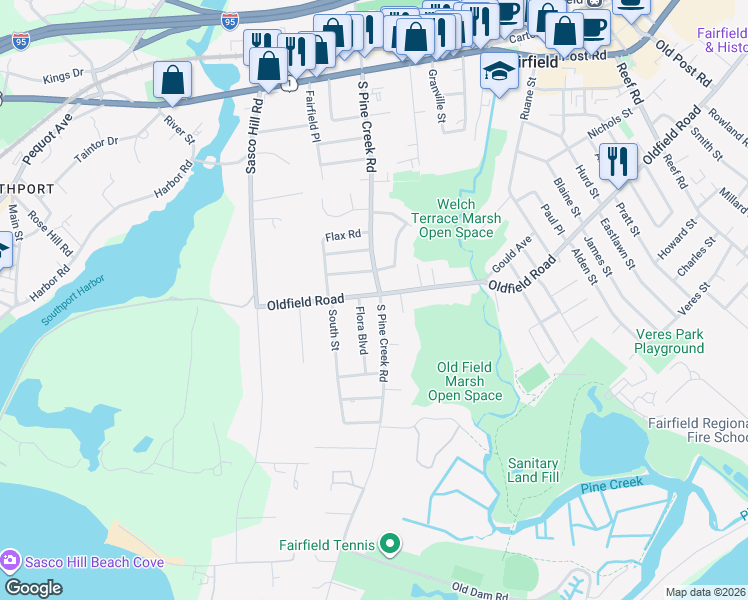 map of restaurants, bars, coffee shops, grocery stores, and more near 543 South Pine Creek Road in Fairfield