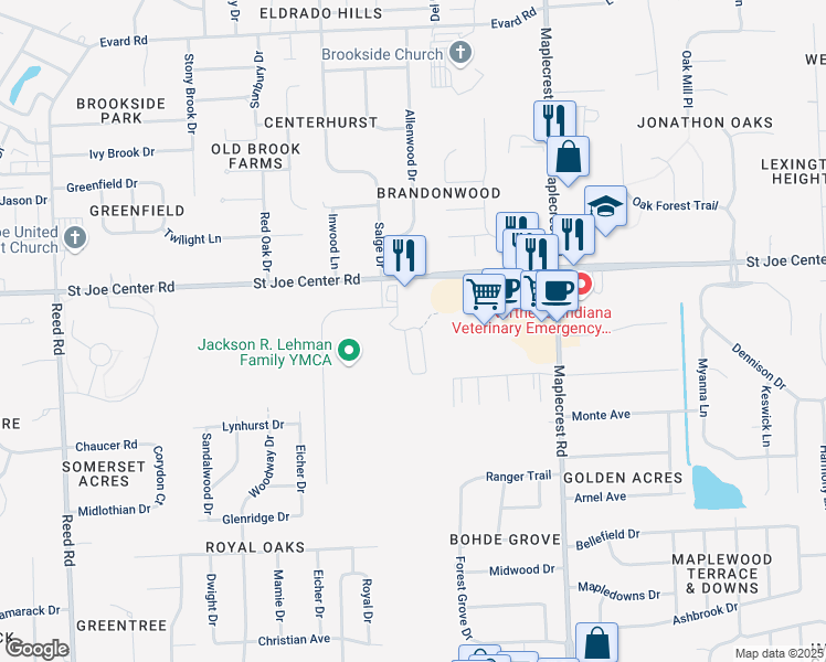 map of restaurants, bars, coffee shops, grocery stores, and more near 5532 Dayspring Path in Fort Wayne