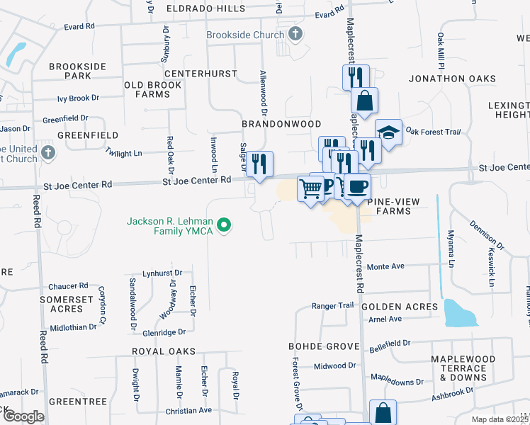 map of restaurants, bars, coffee shops, grocery stores, and more near 5532 Dayspring Path in Fort Wayne