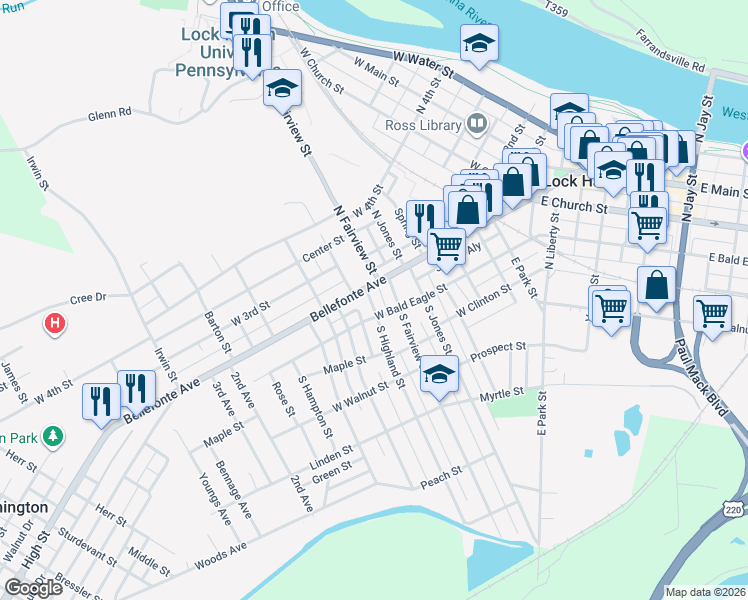 map of restaurants, bars, coffee shops, grocery stores, and more near 517 West Bald Eagle Street in Lock Haven