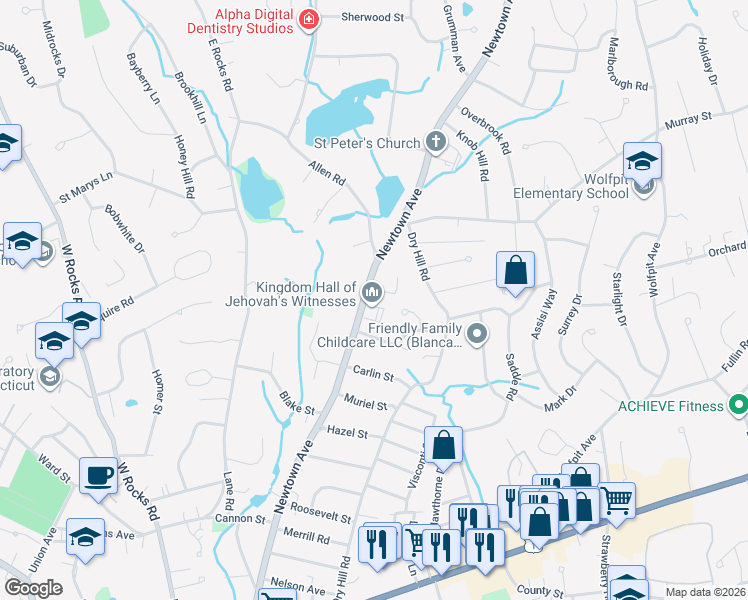 map of restaurants, bars, coffee shops, grocery stores, and more near 132 Newtown Avenue in Norwalk