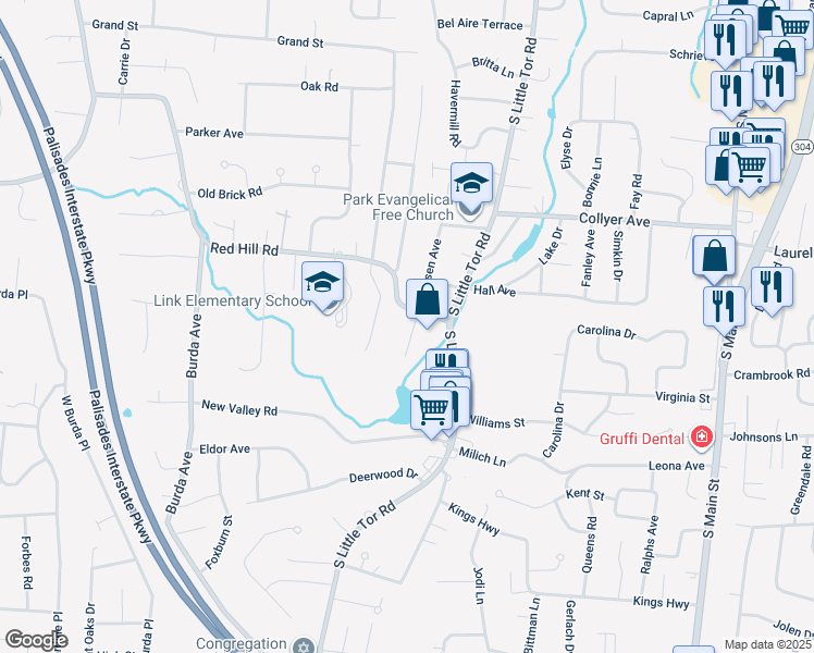 map of restaurants, bars, coffee shops, grocery stores, and more near 15 Red Hill Rd in New City