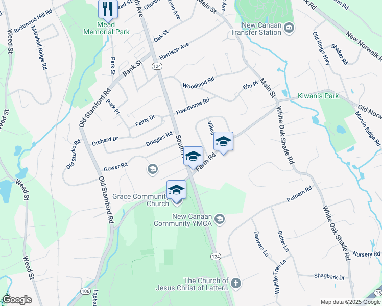 map of restaurants, bars, coffee shops, grocery stores, and more near 423 South Avenue in New Canaan