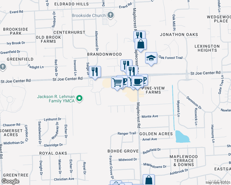map of restaurants, bars, coffee shops, grocery stores, and more near 6002 Saint Joe Center Road in Fort Wayne