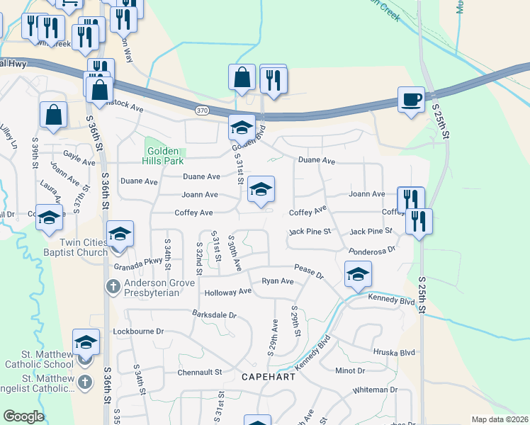 map of restaurants, bars, coffee shops, grocery stores, and more near 2912 Coffey Avenue in Bellevue