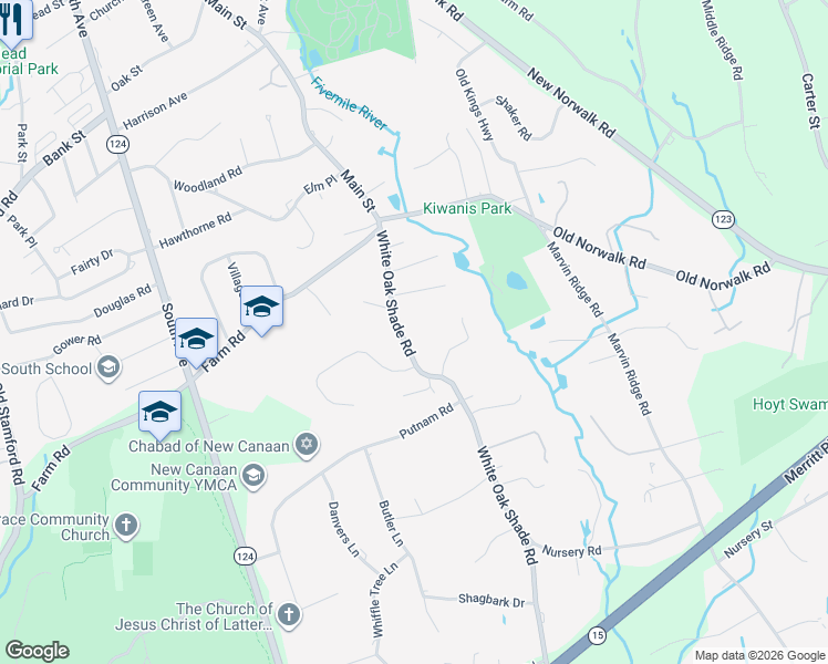map of restaurants, bars, coffee shops, grocery stores, and more near 92 White Oak Shade Road in New Canaan