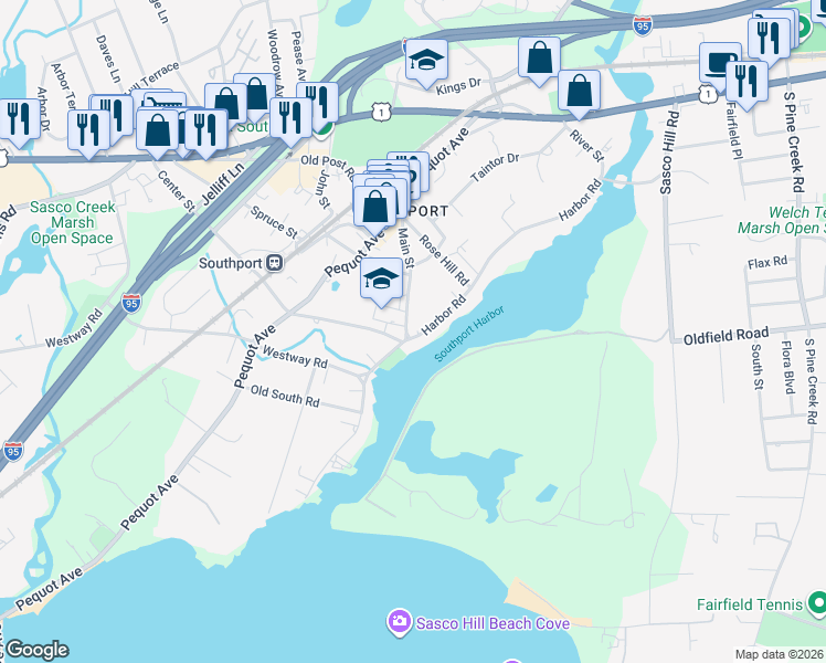 map of restaurants, bars, coffee shops, grocery stores, and more near 647 Harbor Road in Fairfield