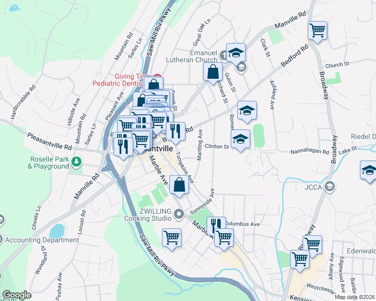 map of restaurants, bars, coffee shops, grocery stores, and more near 143 Tompkins Avenue in Pleasantville