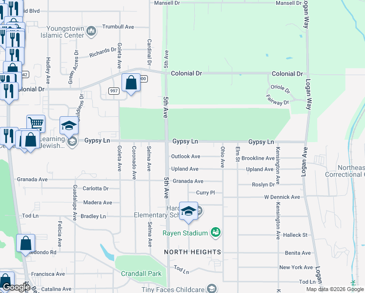 map of restaurants, bars, coffee shops, grocery stores, and more near 268 Outlook Avenue in Youngstown