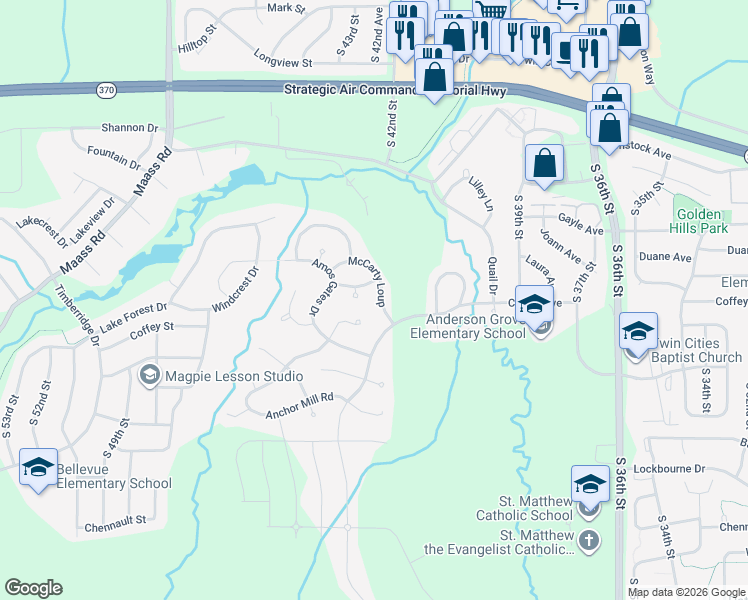 map of restaurants, bars, coffee shops, grocery stores, and more near 11761 McCarty Circle in Bellevue