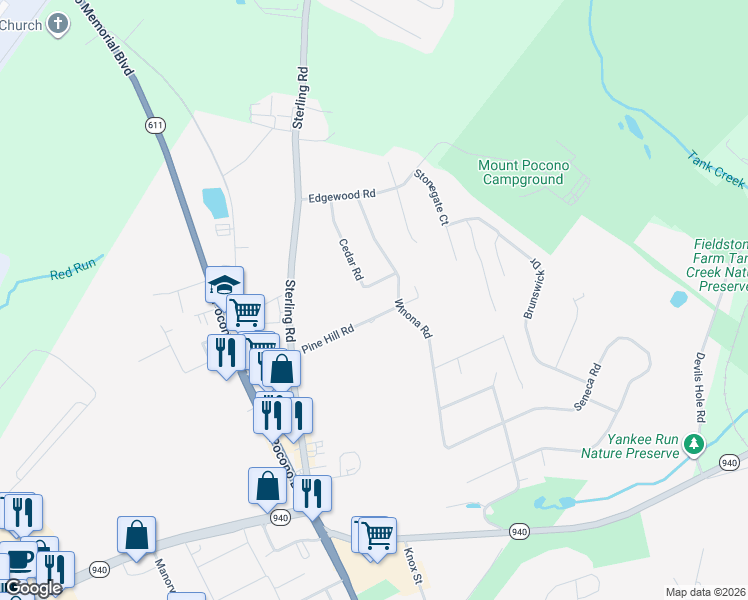 map of restaurants, bars, coffee shops, grocery stores, and more near 72 Pine Hill Rd in Mt Pocono