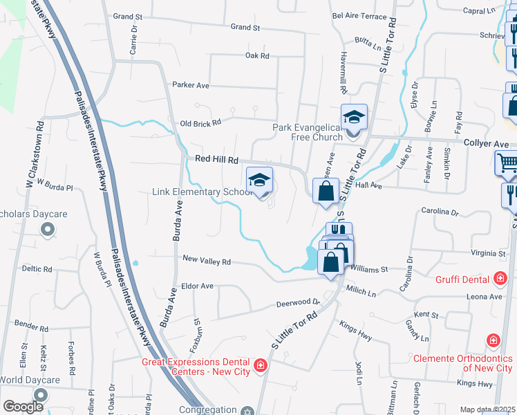 map of restaurants, bars, coffee shops, grocery stores, and more near 51 Red Hill Road in New City