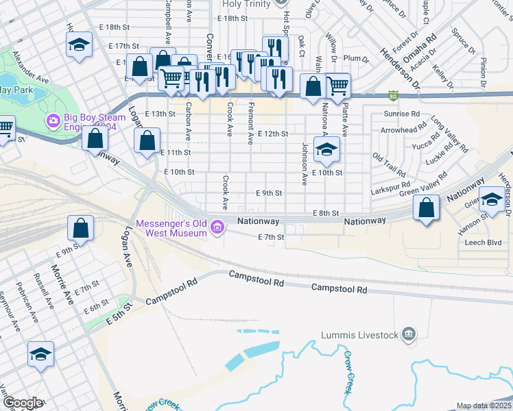 map of restaurants, bars, coffee shops, grocery stores, and more near 2508 East 8th Street in Cheyenne