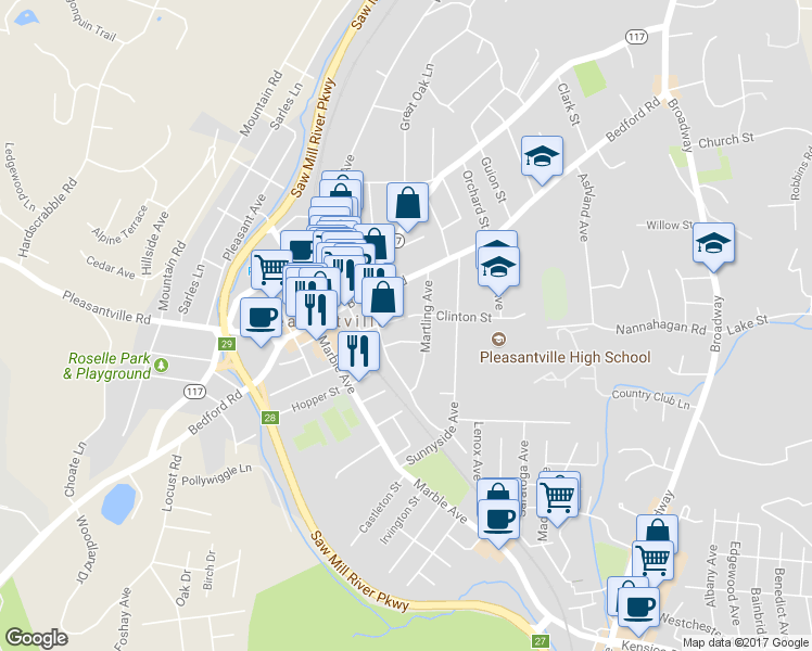 map of restaurants, bars, coffee shops, grocery stores, and more near 10 Clinton Street in Pleasantville