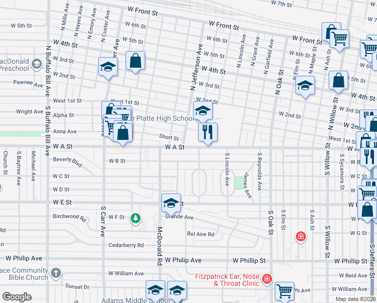 map of restaurants, bars, coffee shops, grocery stores, and more near 120 Circle Drive in North Platte