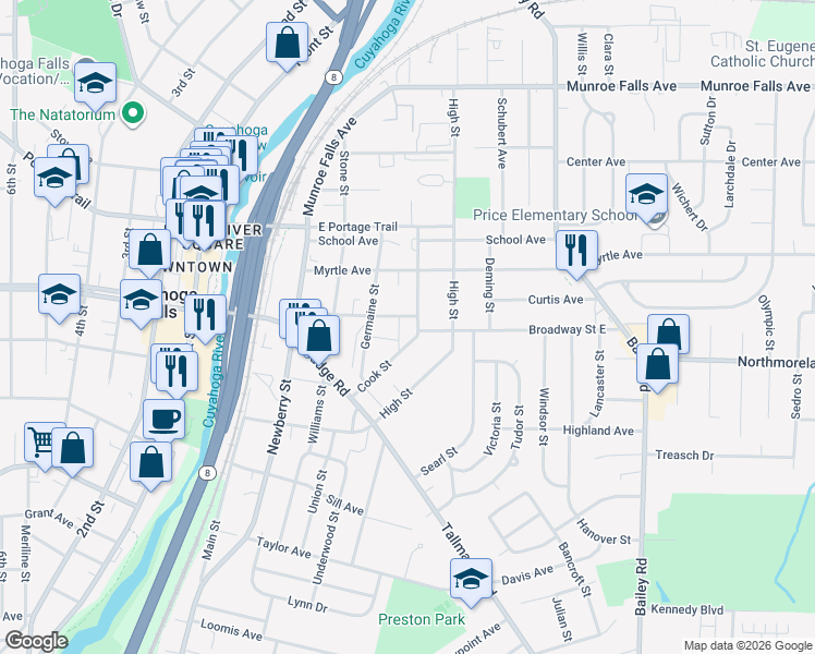 map of restaurants, bars, coffee shops, grocery stores, and more near 529 Pauline Court in Cuyahoga Falls