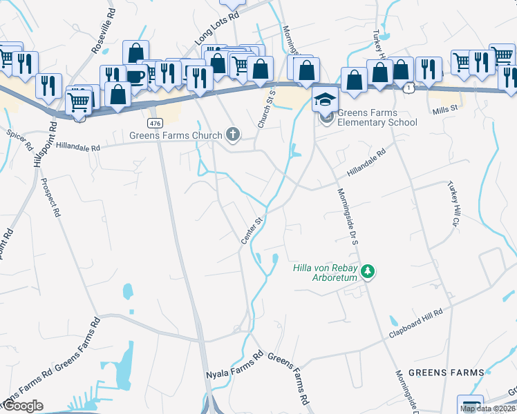 map of restaurants, bars, coffee shops, grocery stores, and more near 26 Center Street in Westport