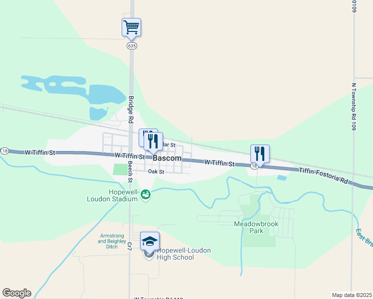 map of restaurants, bars, coffee shops, grocery stores, and more near High Street in Bascom