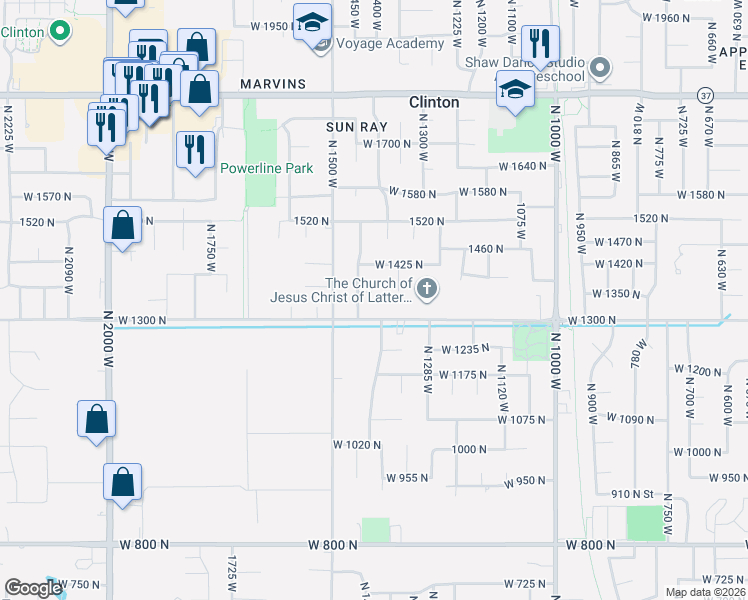 map of restaurants, bars, coffee shops, grocery stores, and more near 1417 West 1360 North in Clinton