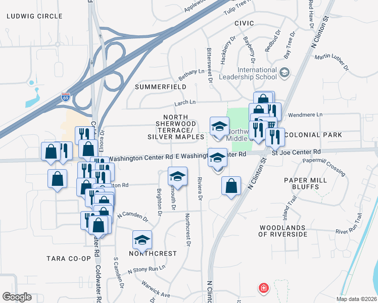 map of restaurants, bars, coffee shops, grocery stores, and more near 1013 East Washington Center Road in Fort Wayne