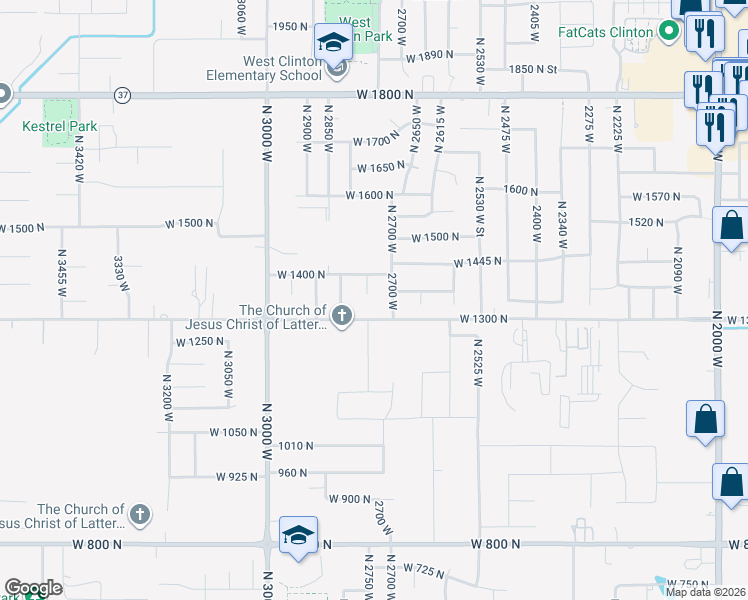 map of restaurants, bars, coffee shops, grocery stores, and more near 2742 West 1300 North in Clinton