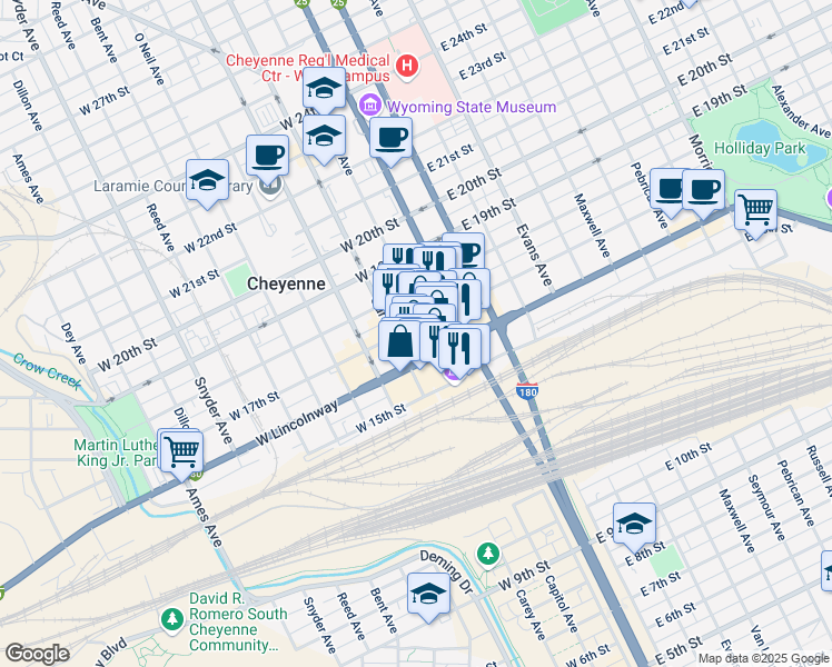 map of restaurants, bars, coffee shops, grocery stores, and more near 207 West 17th Street in Cheyenne