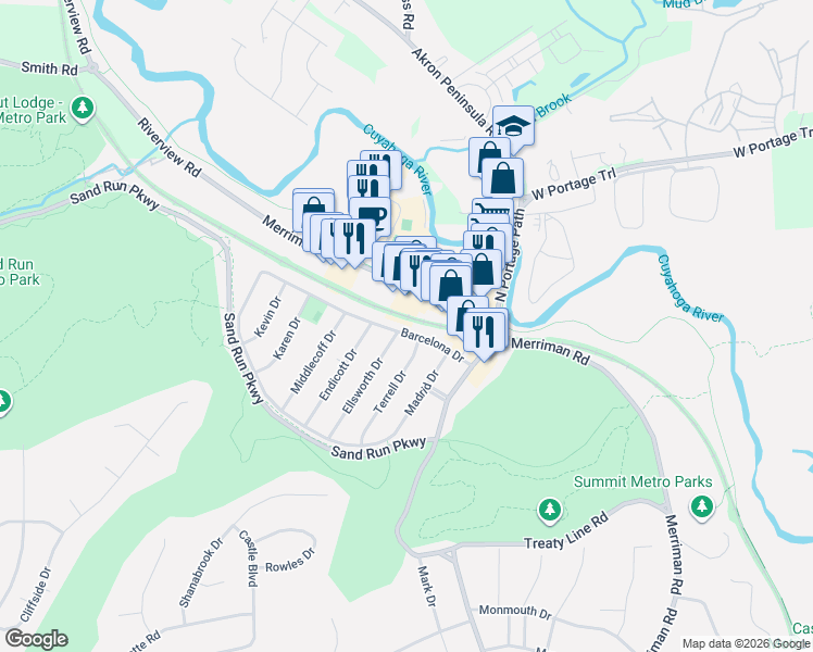 map of restaurants, bars, coffee shops, grocery stores, and more near 1113 Ellsworth Drive in Akron