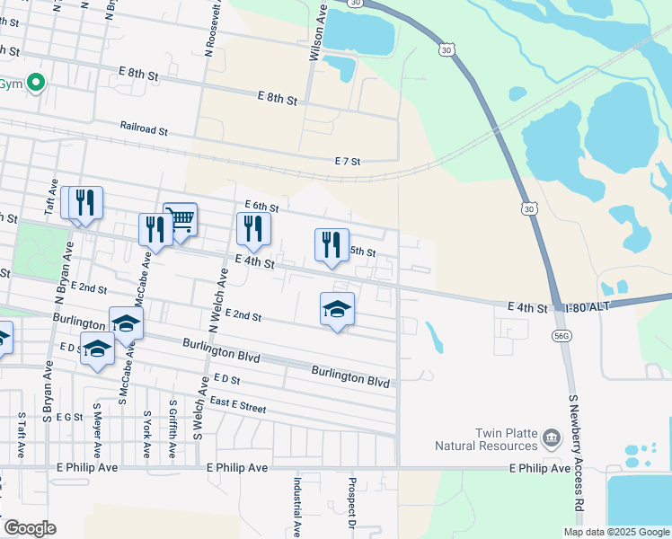 map of restaurants, bars, coffee shops, grocery stores, and more near 2302 E 4th St in North Platte