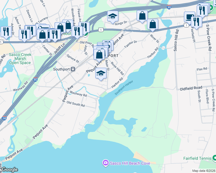 map of restaurants, bars, coffee shops, grocery stores, and more near 647 Harbor Road in Fairfield