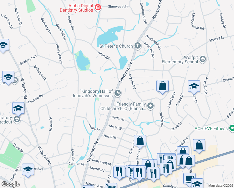 map of restaurants, bars, coffee shops, grocery stores, and more near 132 Newtown Avenue in Norwalk