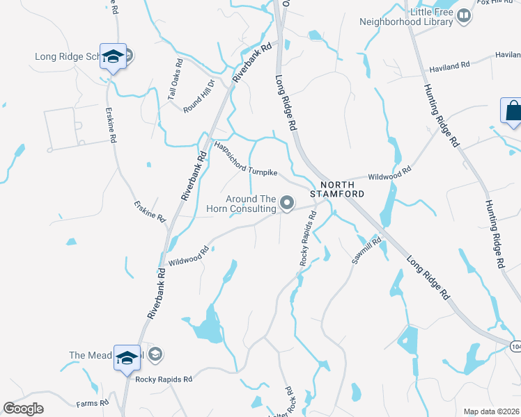 map of restaurants, bars, coffee shops, grocery stores, and more near 304 Wildwood Road in Stamford